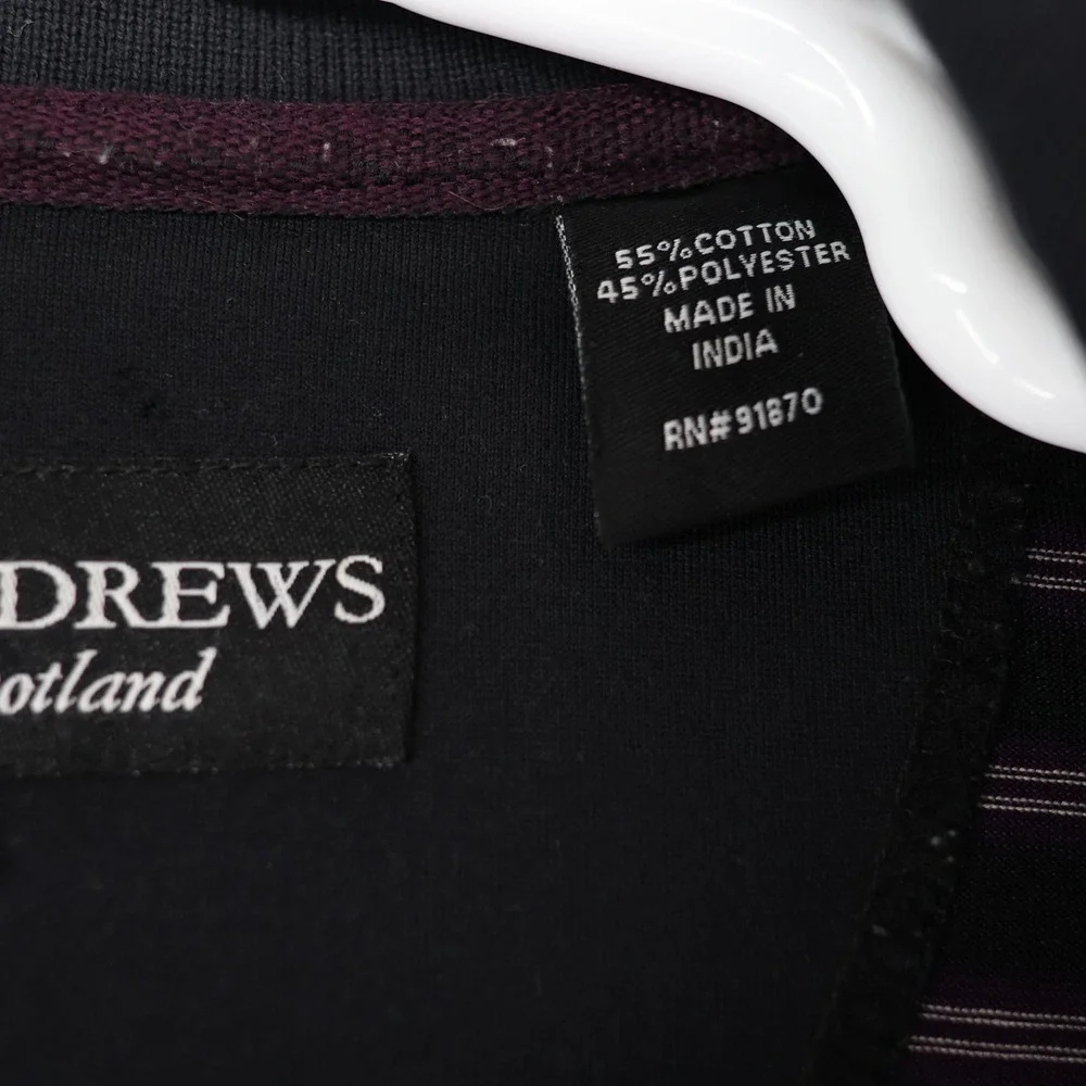 St Andrews of Scotland Mens Large Polo Shirt Purple Black Striped Short‎ Sleeve